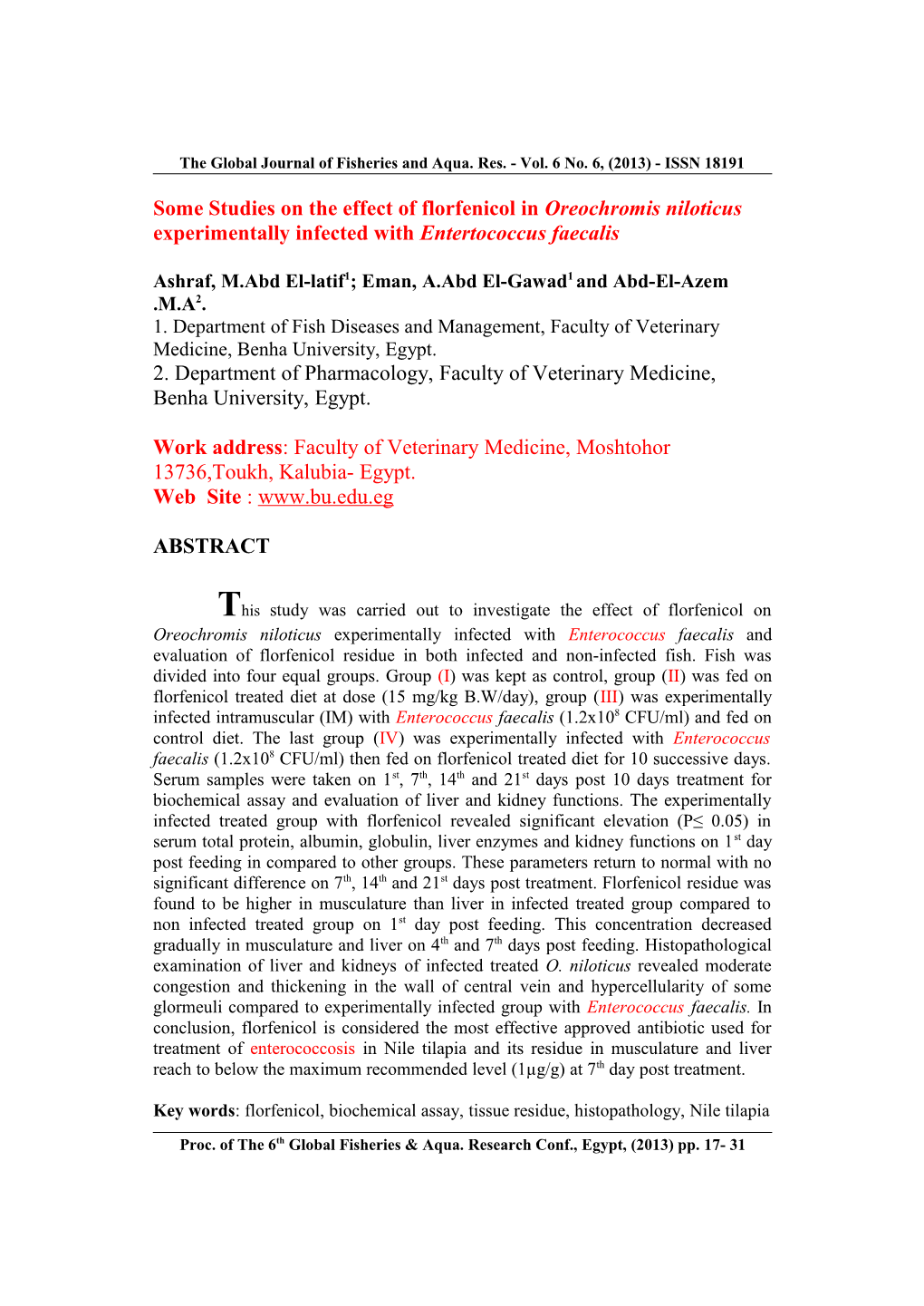 Some Studies on the Effect of Florfenicol in Oreochromis Niloticus Experimentally Infected