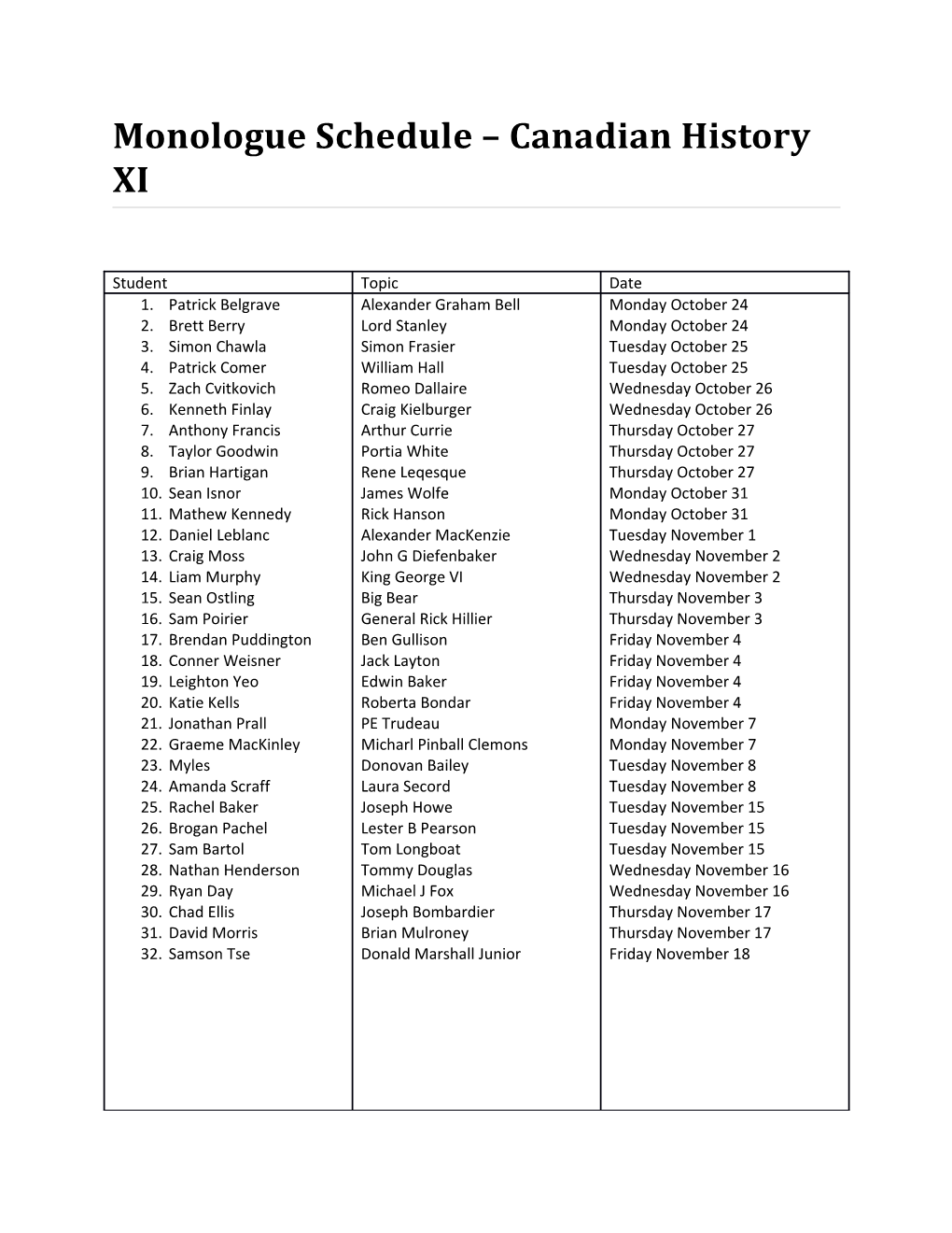 Monologue Schedule Canadian History XI