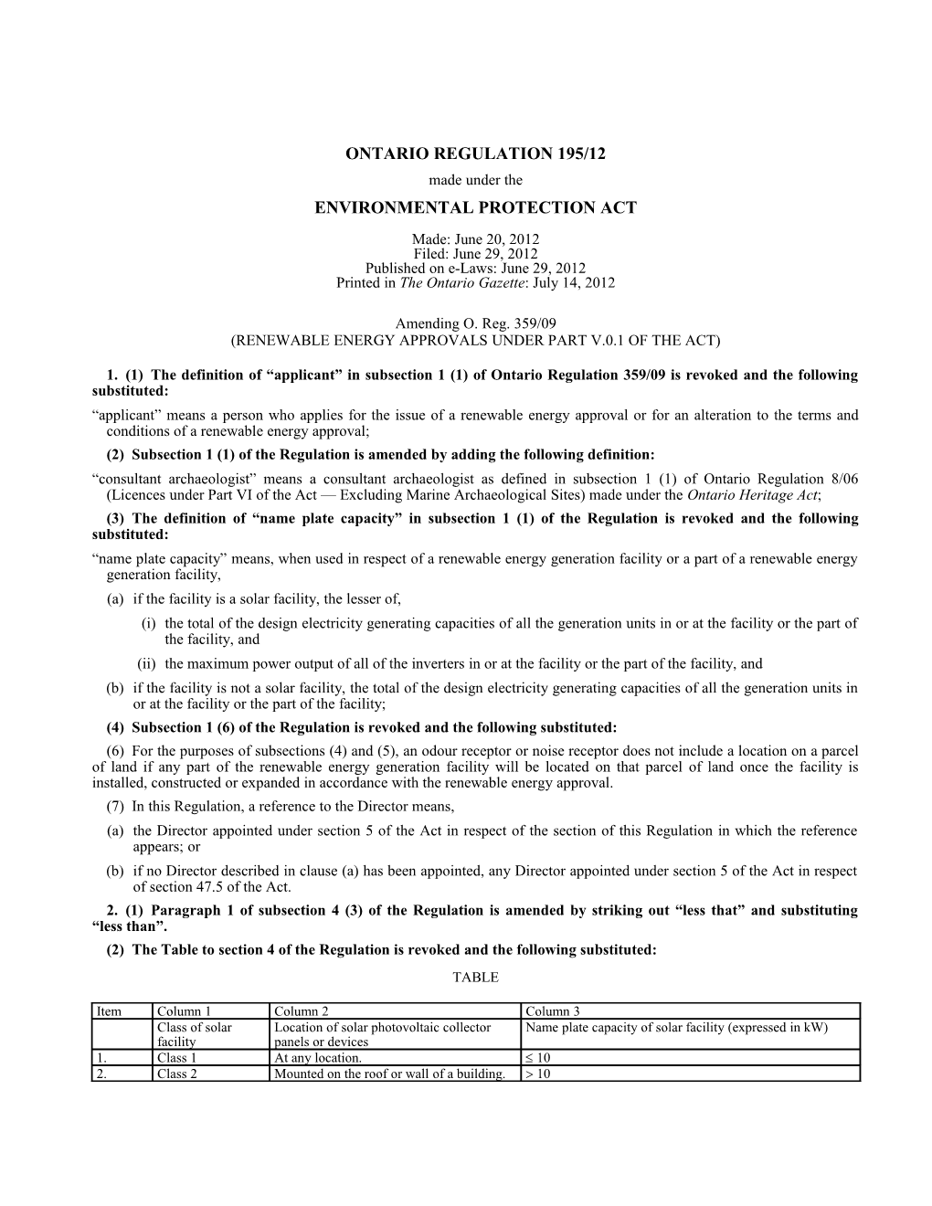 ENVIRONMENTAL PROTECTION ACT - O. Reg. 195/12
