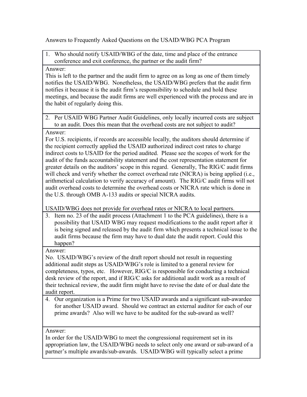 Answers to Frequently Asked Questions on the USAID/WBG PCA Program