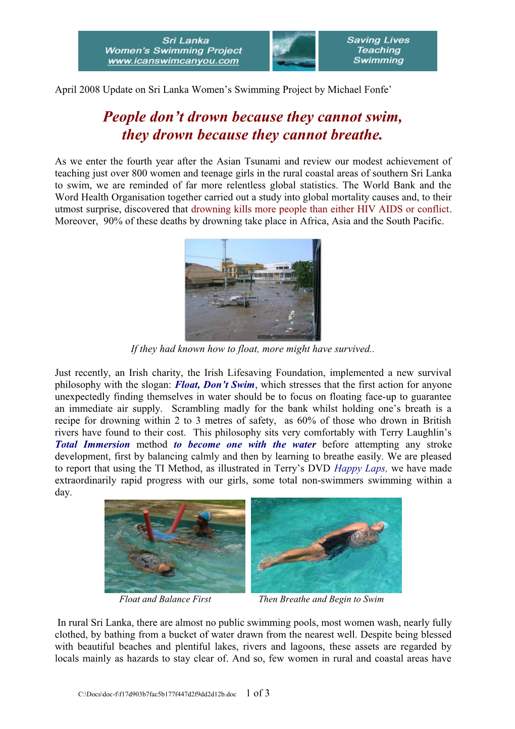 April 2008 Update on Sri Lanka Women S Swimming Project by Christina Fonfe