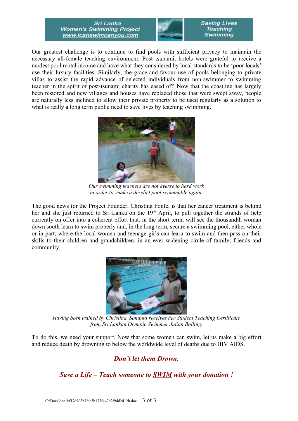 April 2008 Update on Sri Lanka Women S Swimming Project by Christina Fonfe