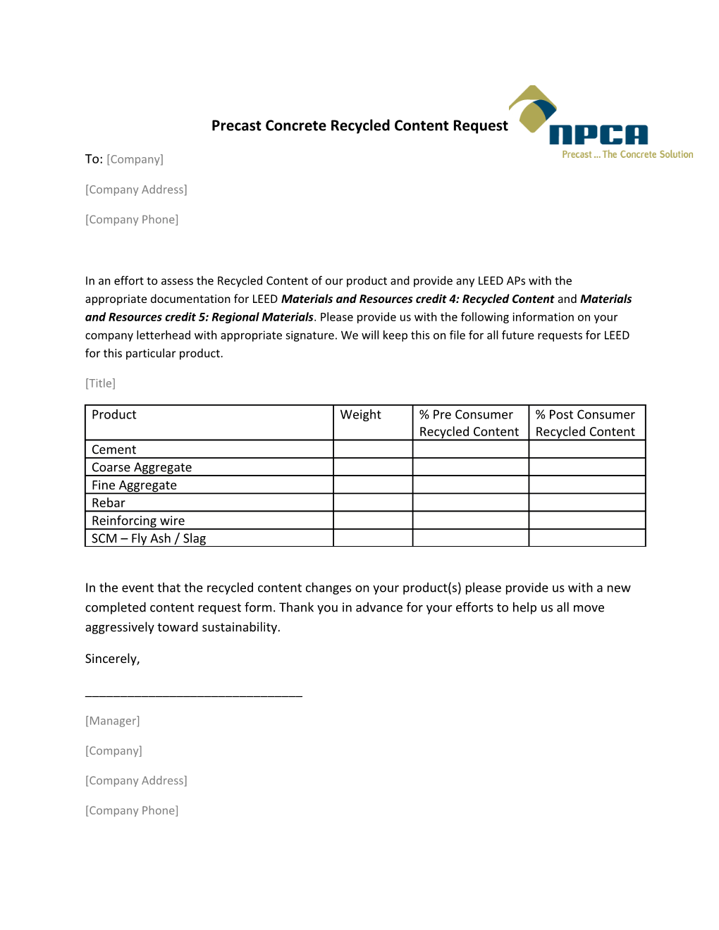 Precast Concrete Recycled Content Request