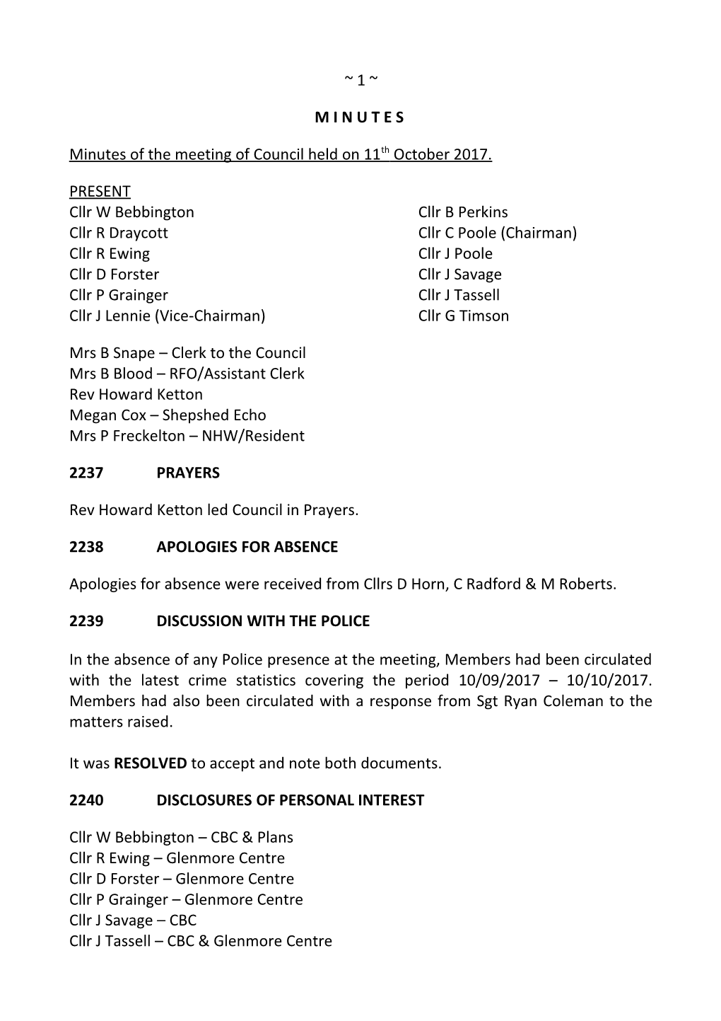 Minutes of the Meeting of Council Held on 11Th October 2017