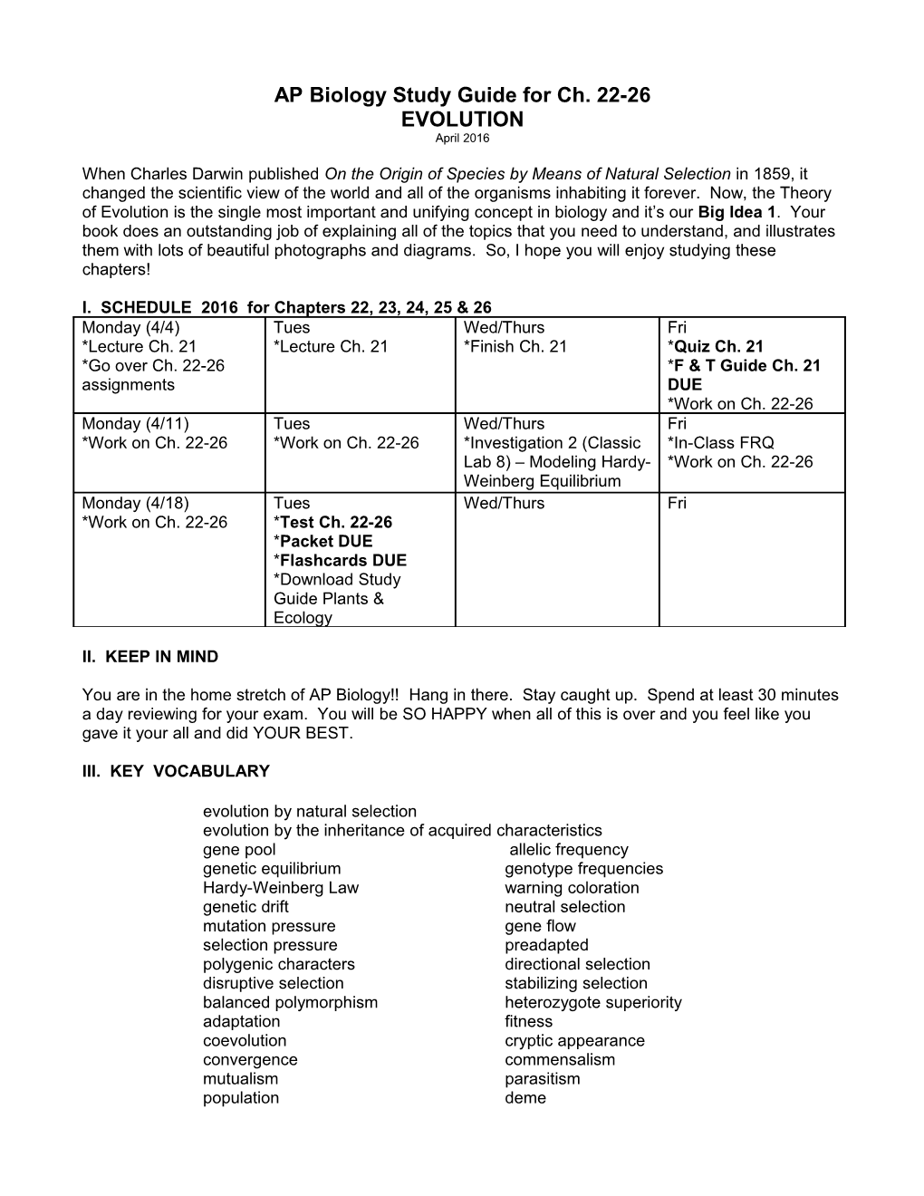 AP Biology Study Guide for Ch. 22-26