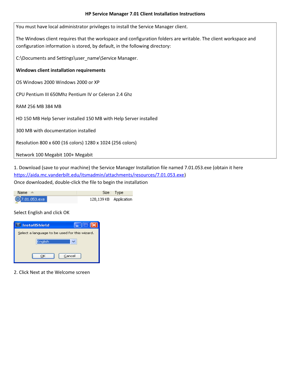 HP Service Manager 7.01 Client Installation Instructions