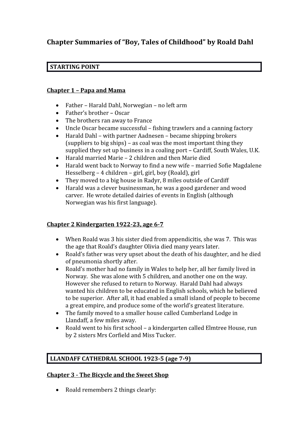 Chapter Summaries of Boy, Tales of Childhood by Roald Dahl