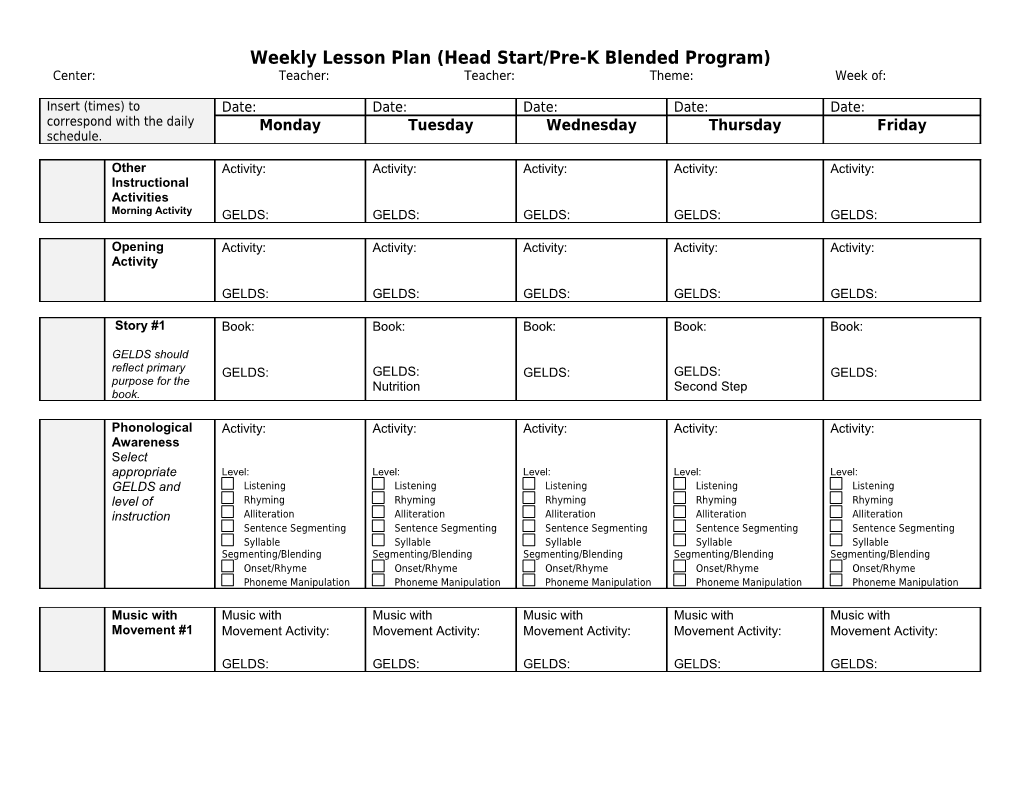 Weekly Lesson Plan (Head Start/Pre-K Blended Program)