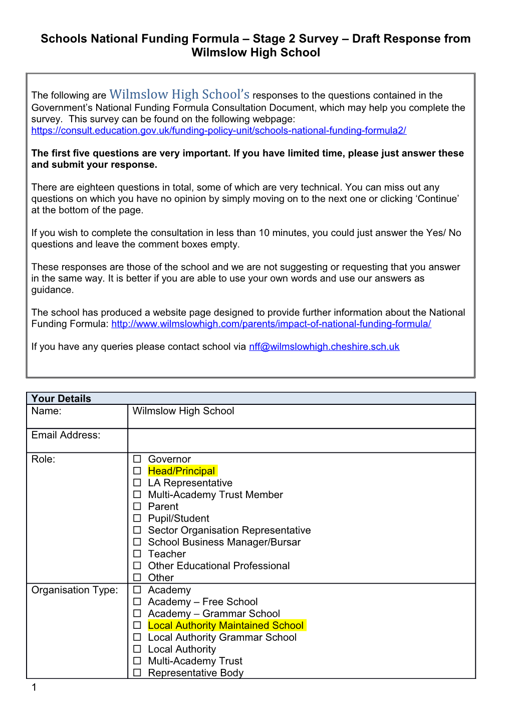 Schools National Funding Formula Stage 2 Survey Draft Response from Wilmslow High School