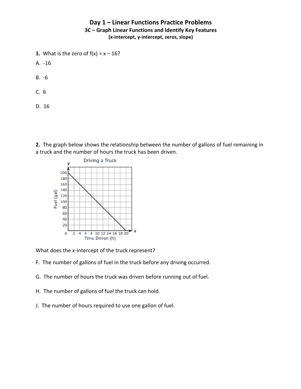 Day 1 Linear Functions Practice Problems