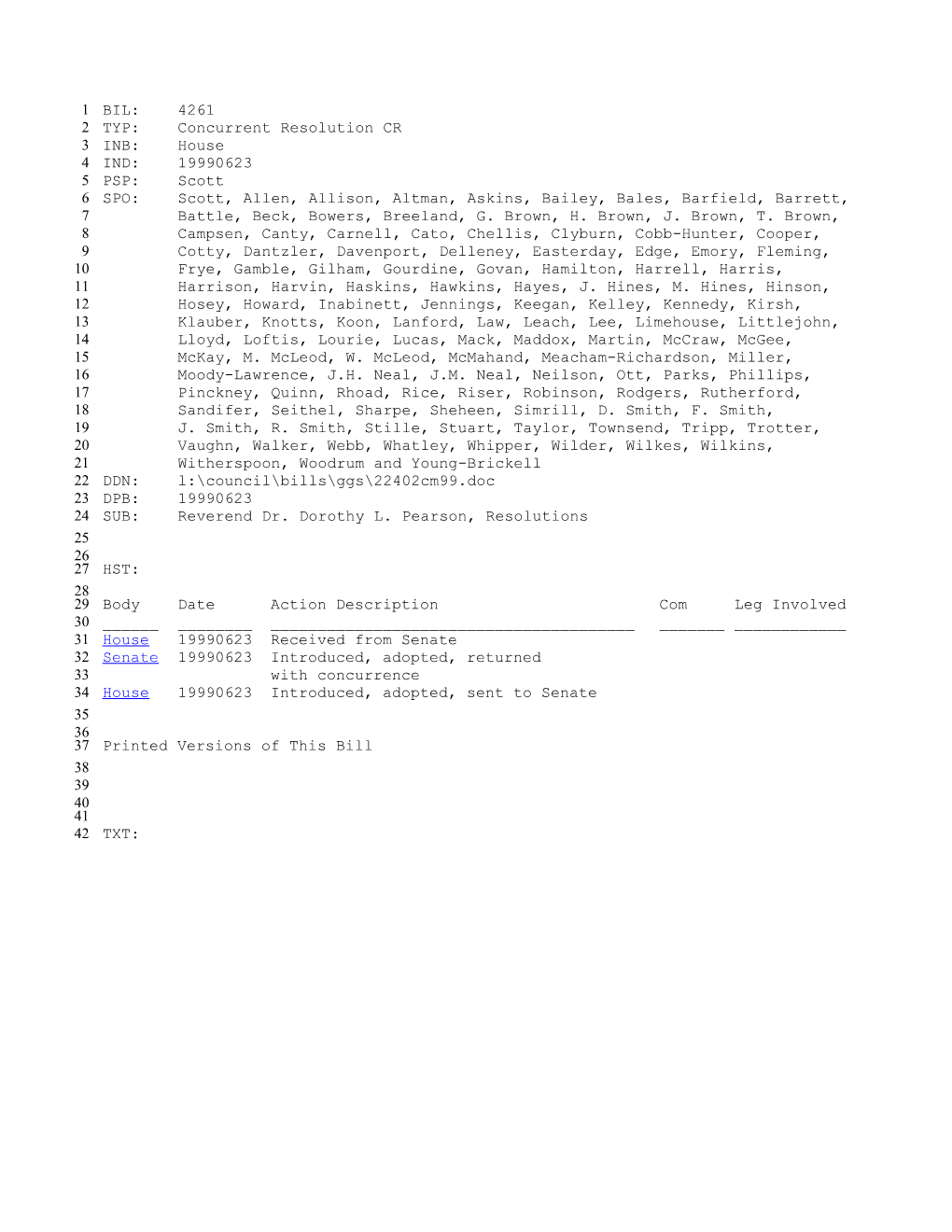 1999-2000 Bill 4261: Reverend Dr. Dorothy L. Pearson, Resolutions - South Carolina Legislature