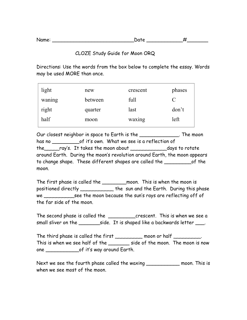 CLOZE Study Guide for Moon ORQ
