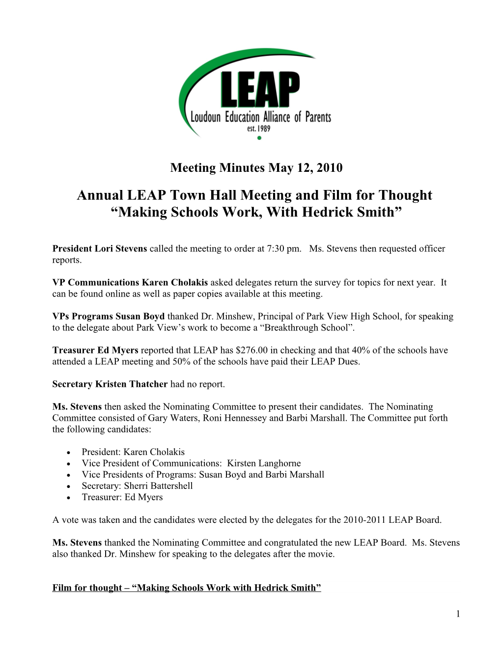 Annual LEAP Town Hall Meeting and Film for Thought