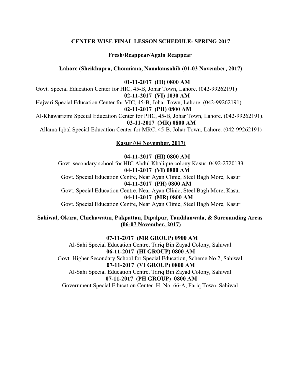 Center Wise Final Lesson Schedule- Spring 2017