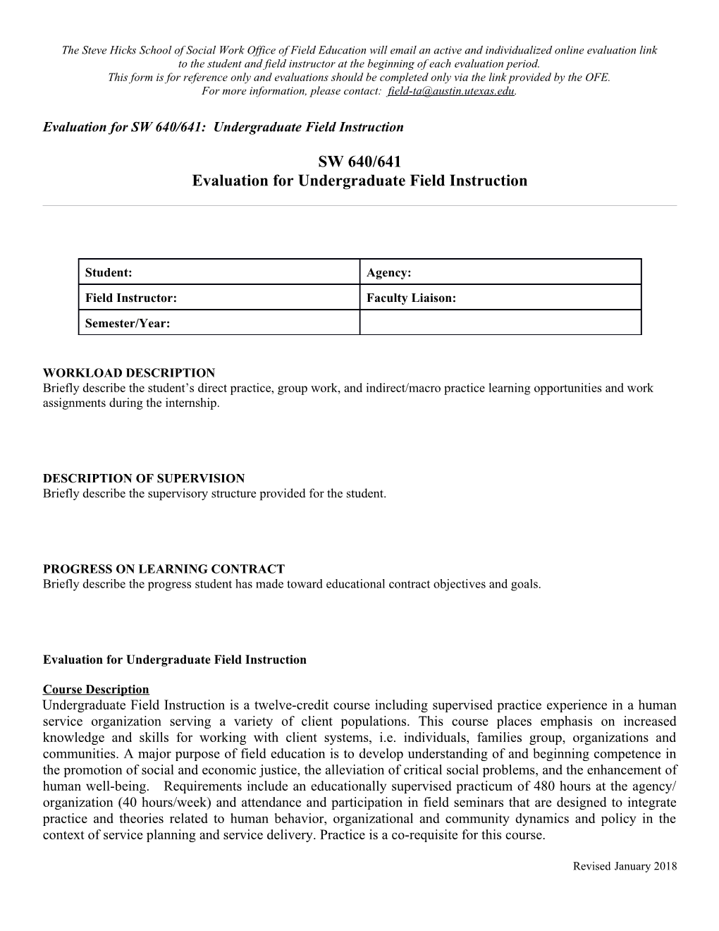 Evaluation for SW 640/641: Undergraduate Field Instruction