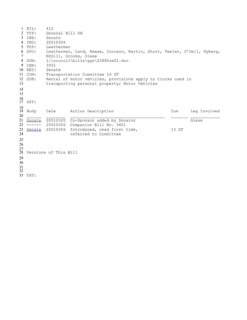 2001-2002 Bill 412: Rental of Motor Vehicles, Provisions Apply to Trucks Used in Transporting