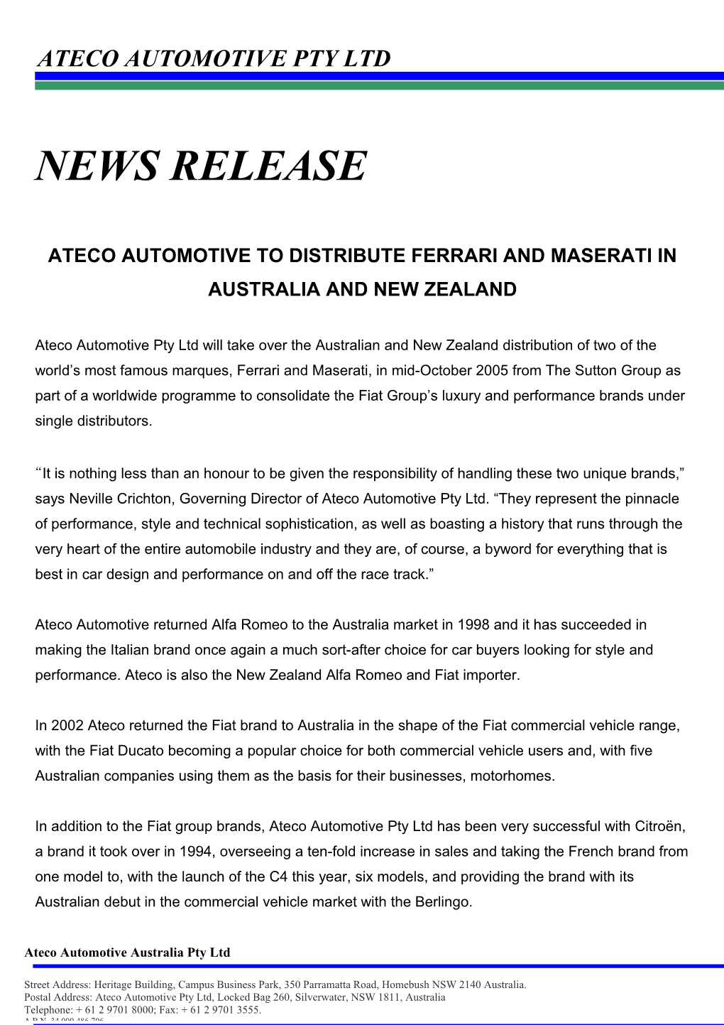 Ateco Automotive to Distribute Ferrari and Maserati in Australia and New Zealand