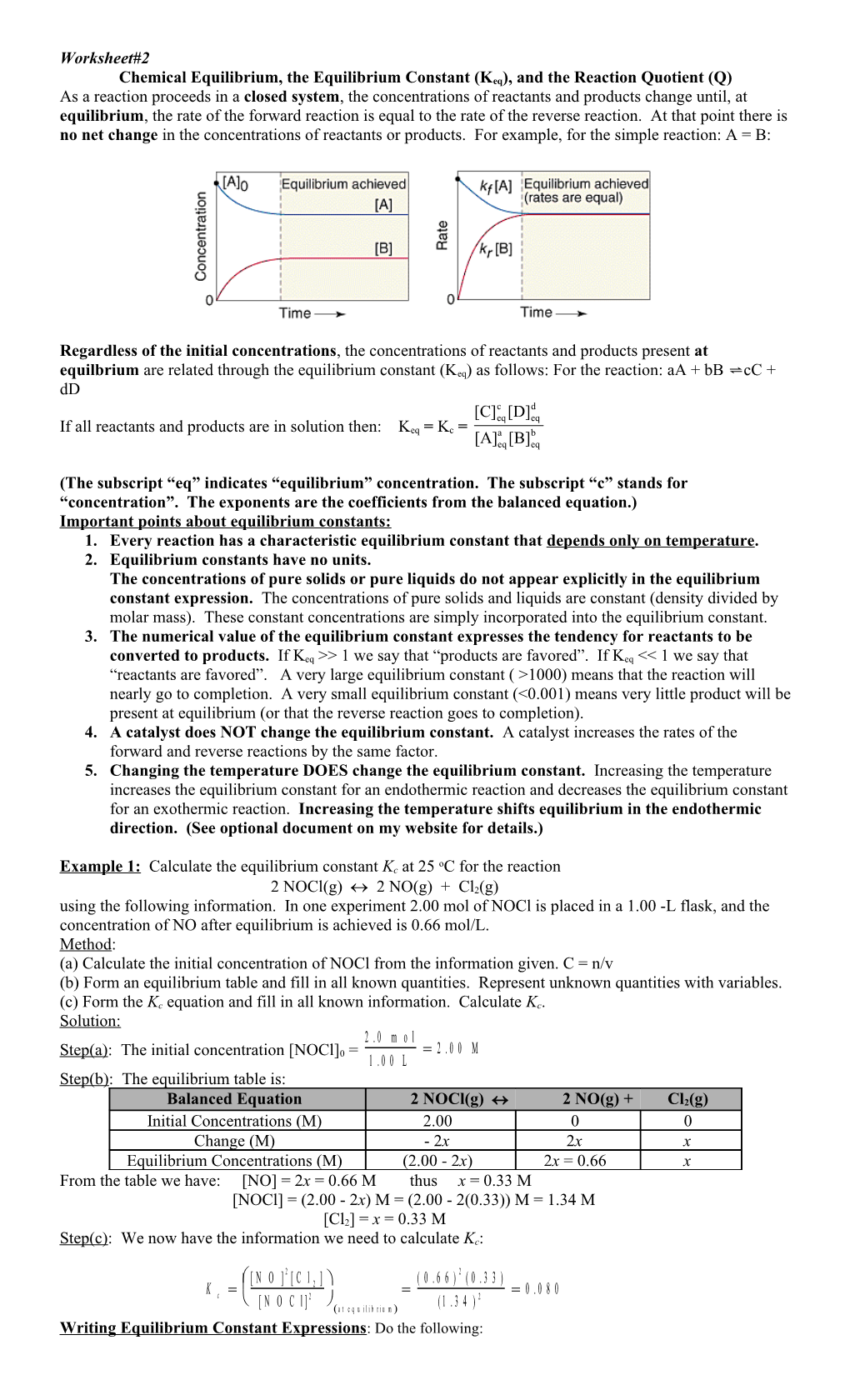 Chemical Equilibrium, the Equilibrium Constant (Keq), and the Reaction Quotient (Q)