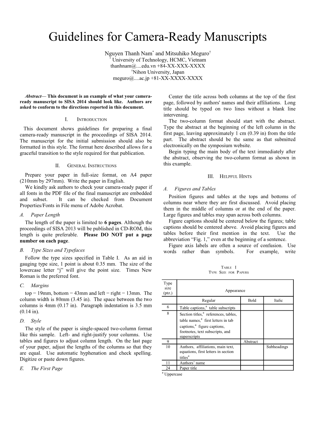 Guidelines for Camera-Ready Manuscripts