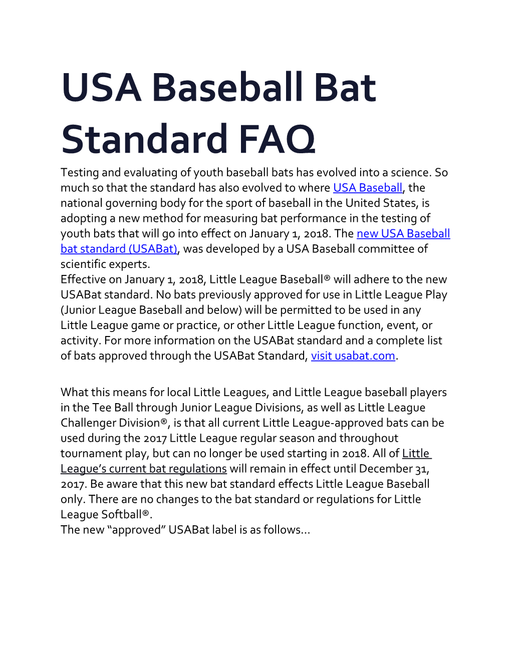 USA Baseball Bat Standard FAQ