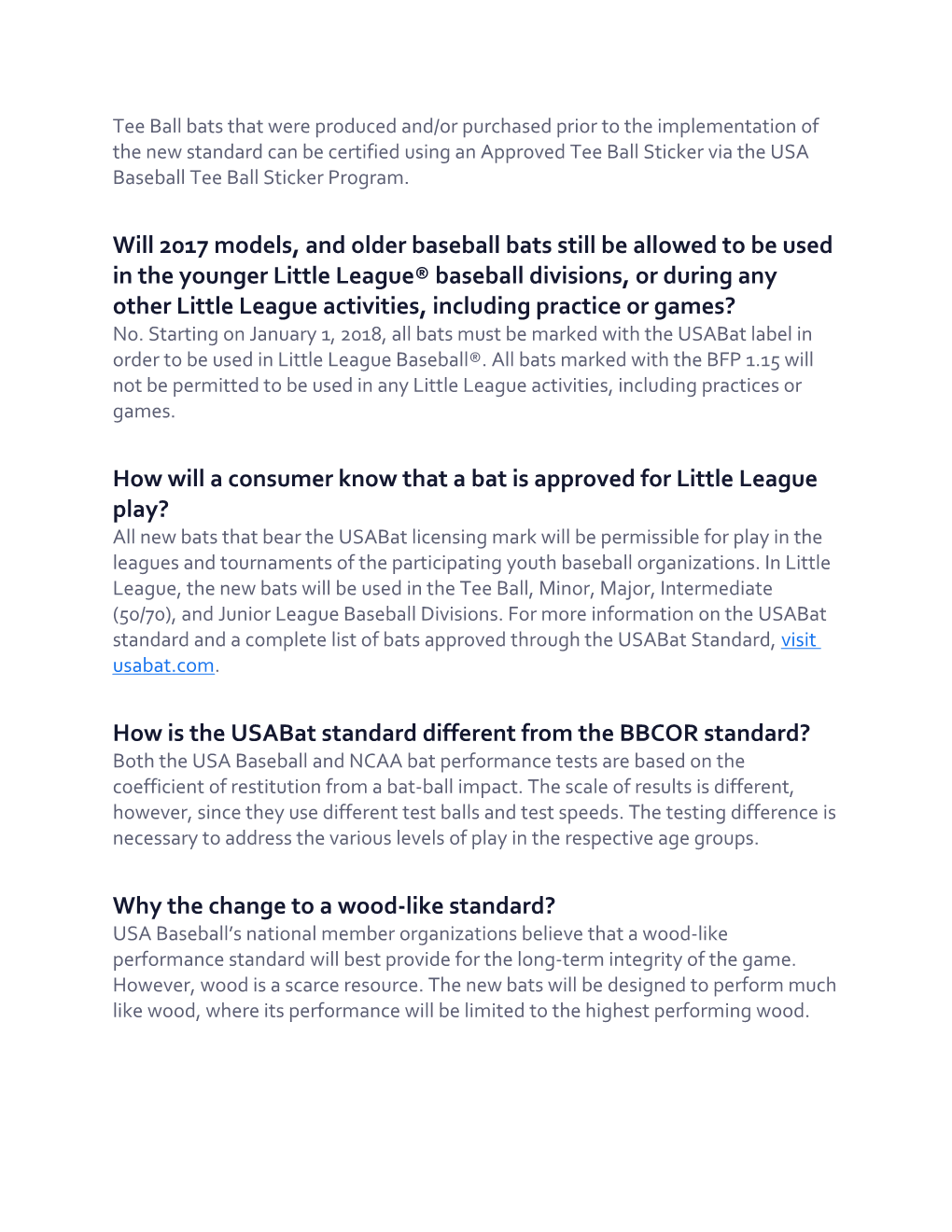 USA Baseball Bat Standard FAQ