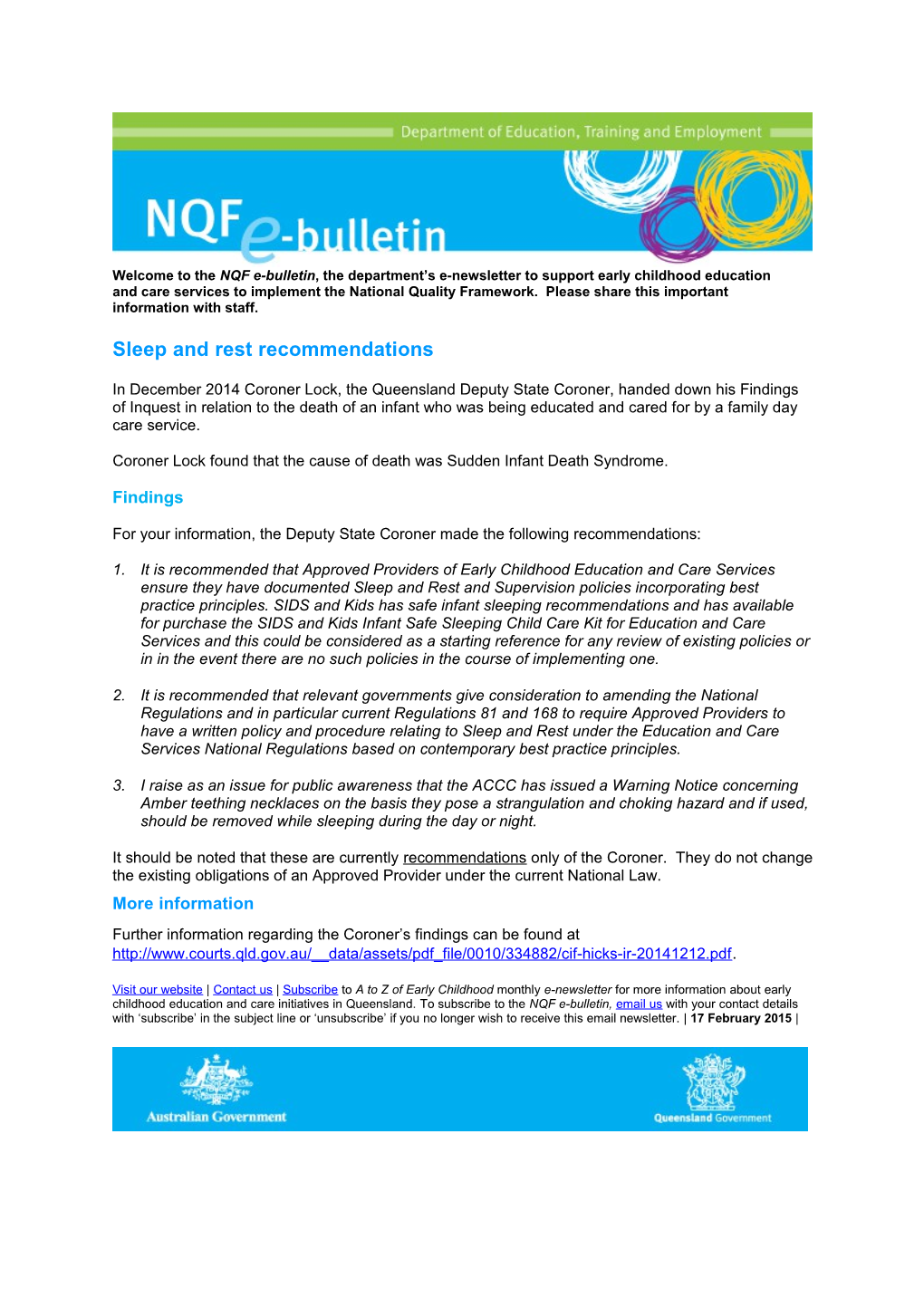 NQF E-Bulletin - Sleep and Rest Recommendations
