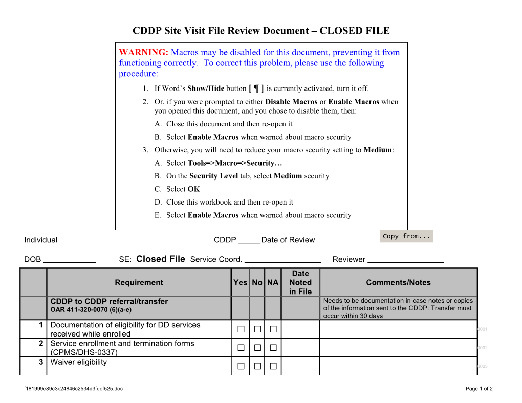 CDDP Site Visit File Review Document CLOSED FILE