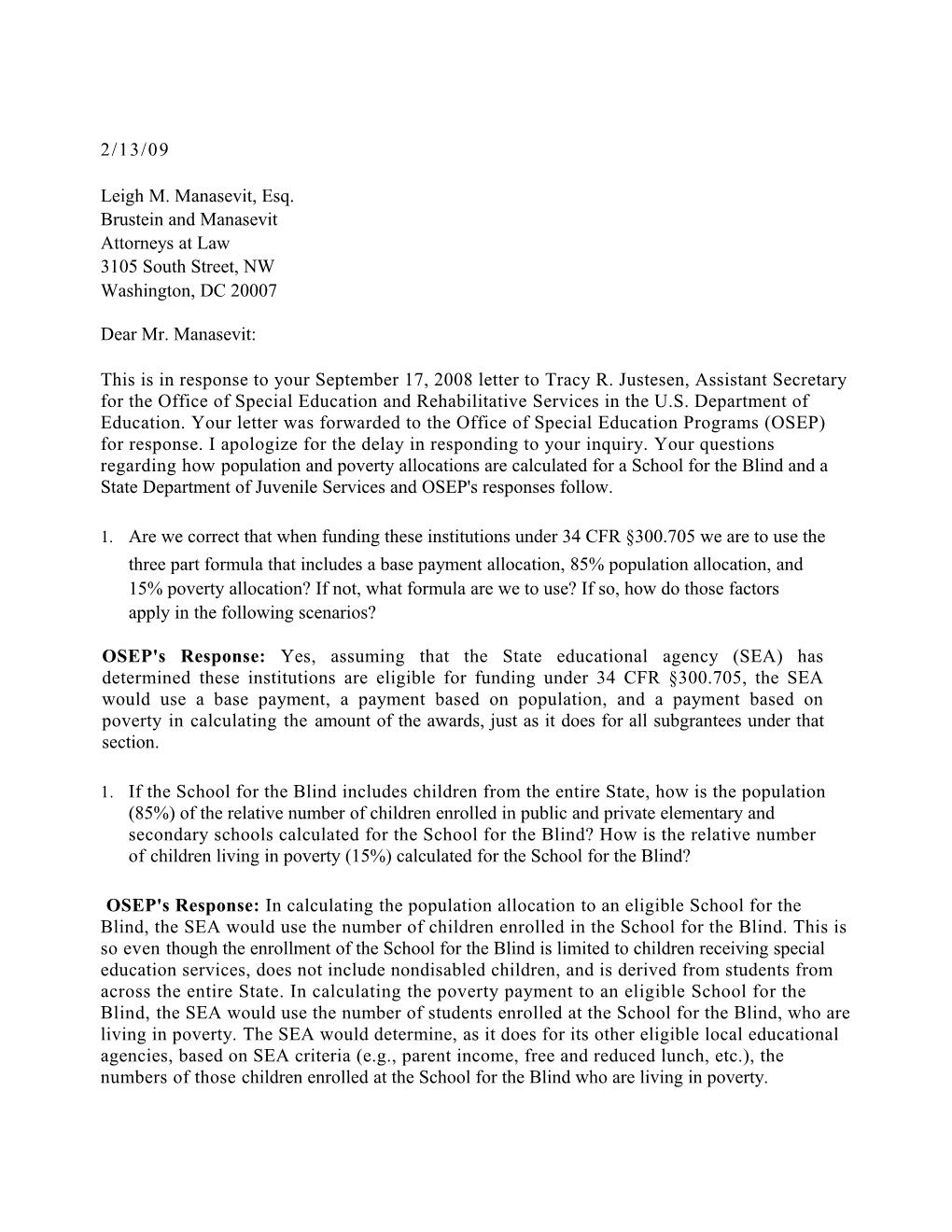 Manasevit Letter Dated 2/13/09 Re: Subgrants to Local Educational Agencies (MS Word)