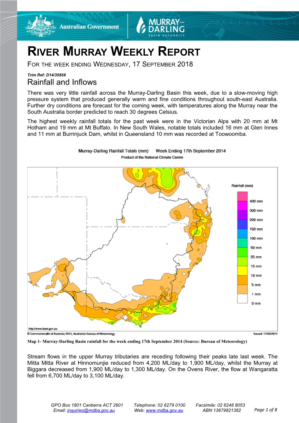 River Murray Operations Weekly Report 17Th September 2014