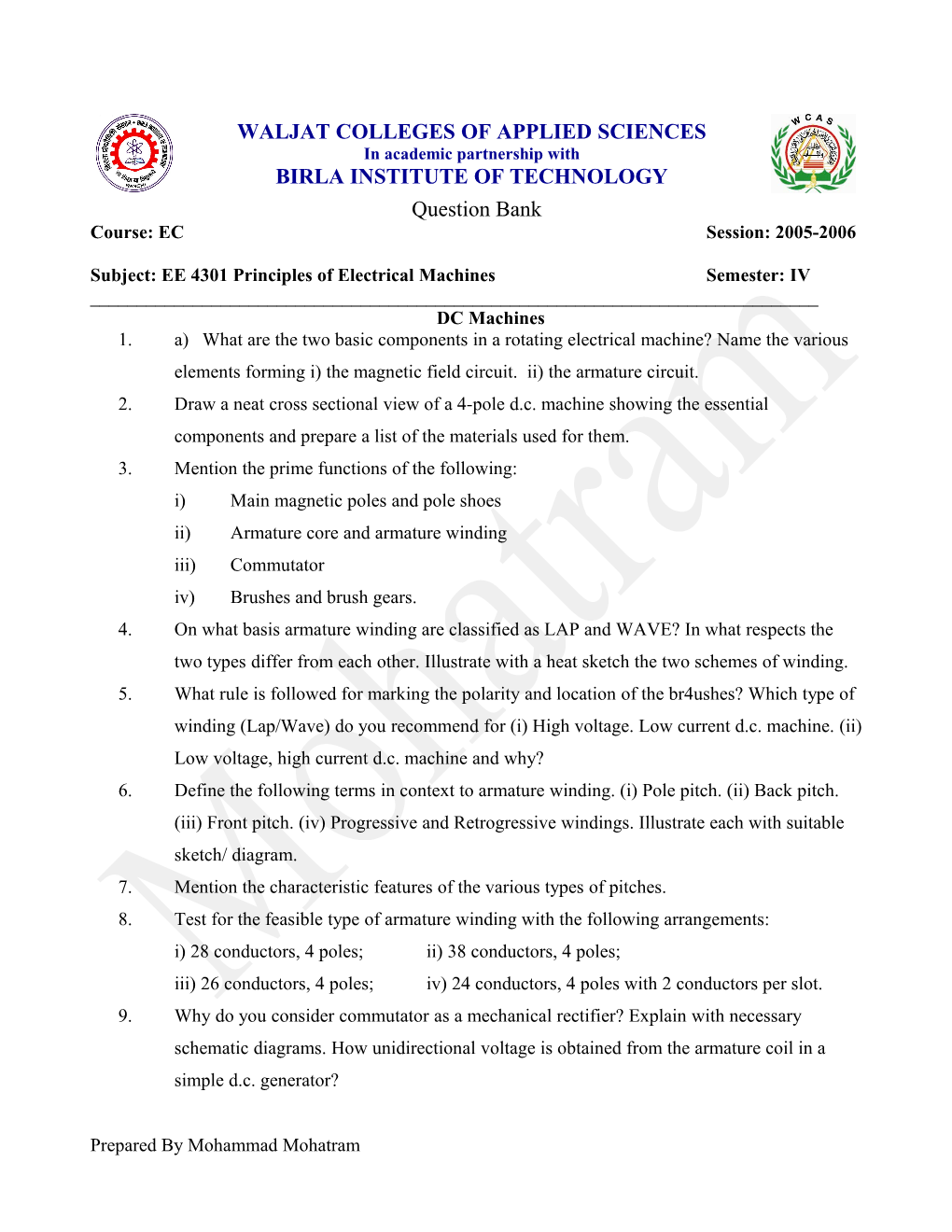 Subject: EE 4301 Principles of Electrical Machines Semester: IV