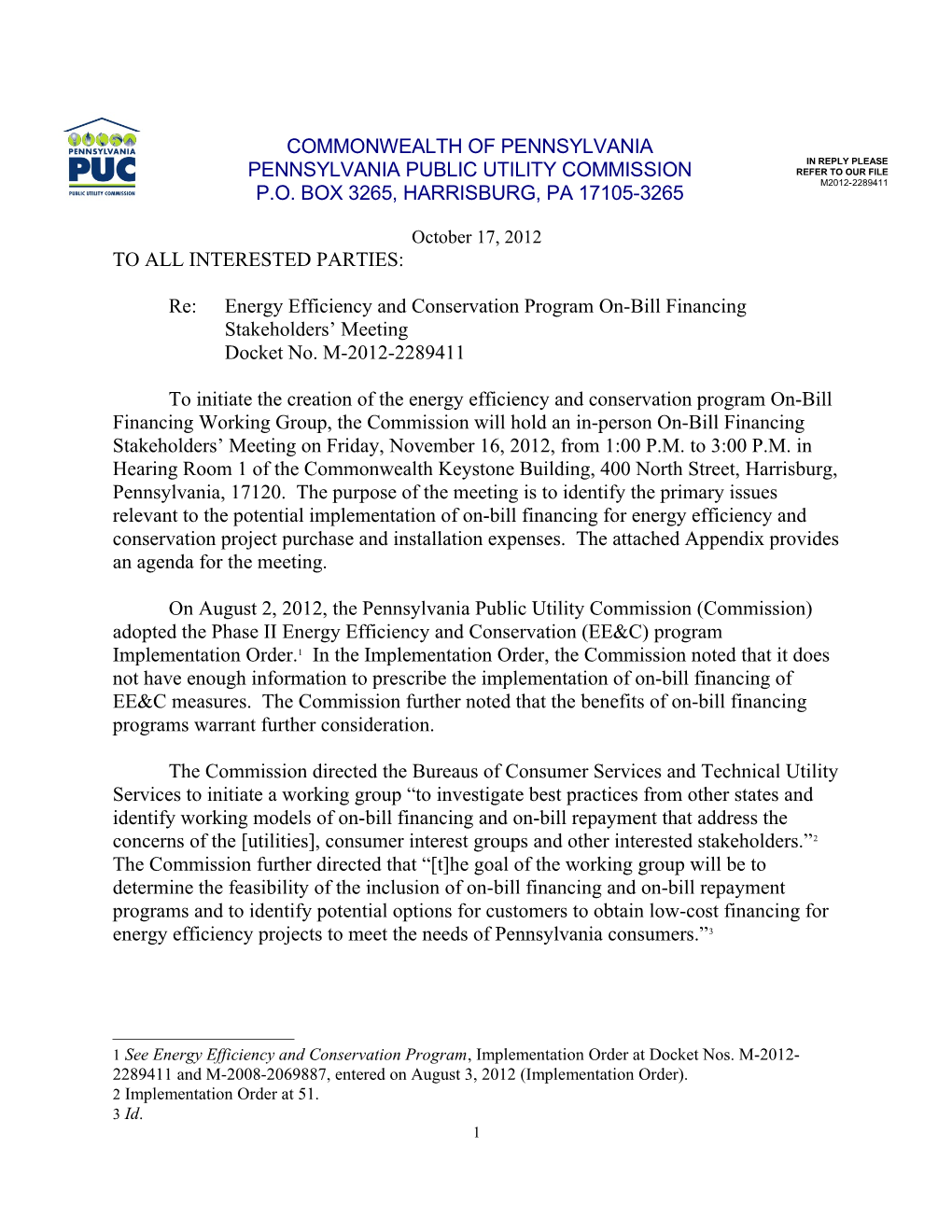 Re:Energy Efficiency and Conservation Programon-Bill Financingstakeholders Meeting