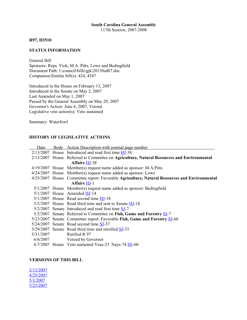 2007-2008 Bill 3510: Waterfowl - South Carolina Legislature Online