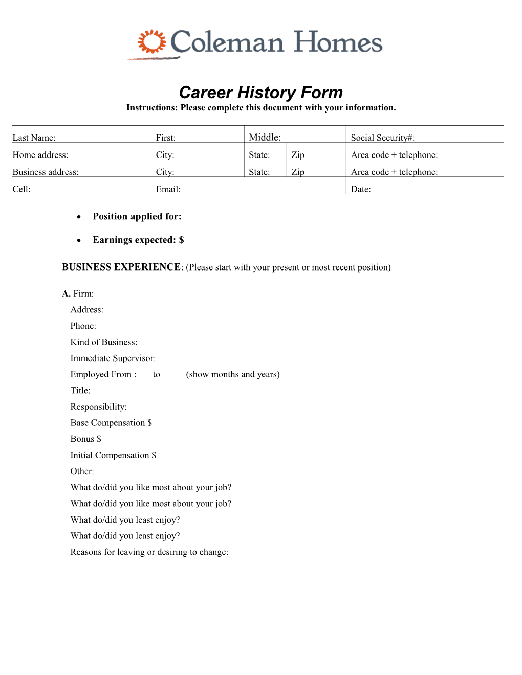 Career History Form