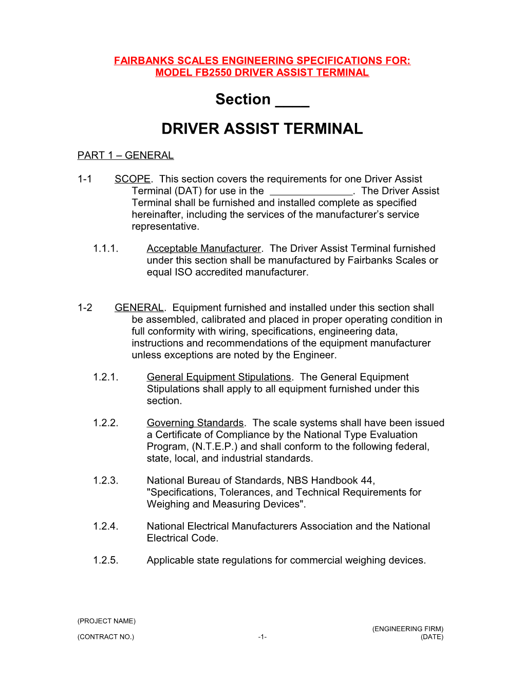 FB2550 Driver Assist Terminal Engineering Specifications