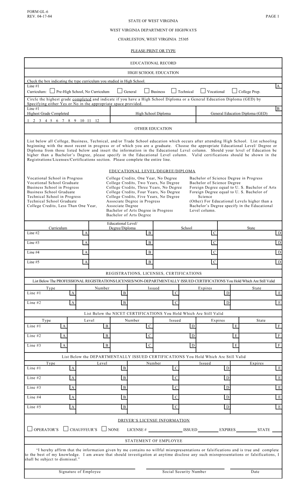 Educational Record & Skills Inventory (Gl-6)