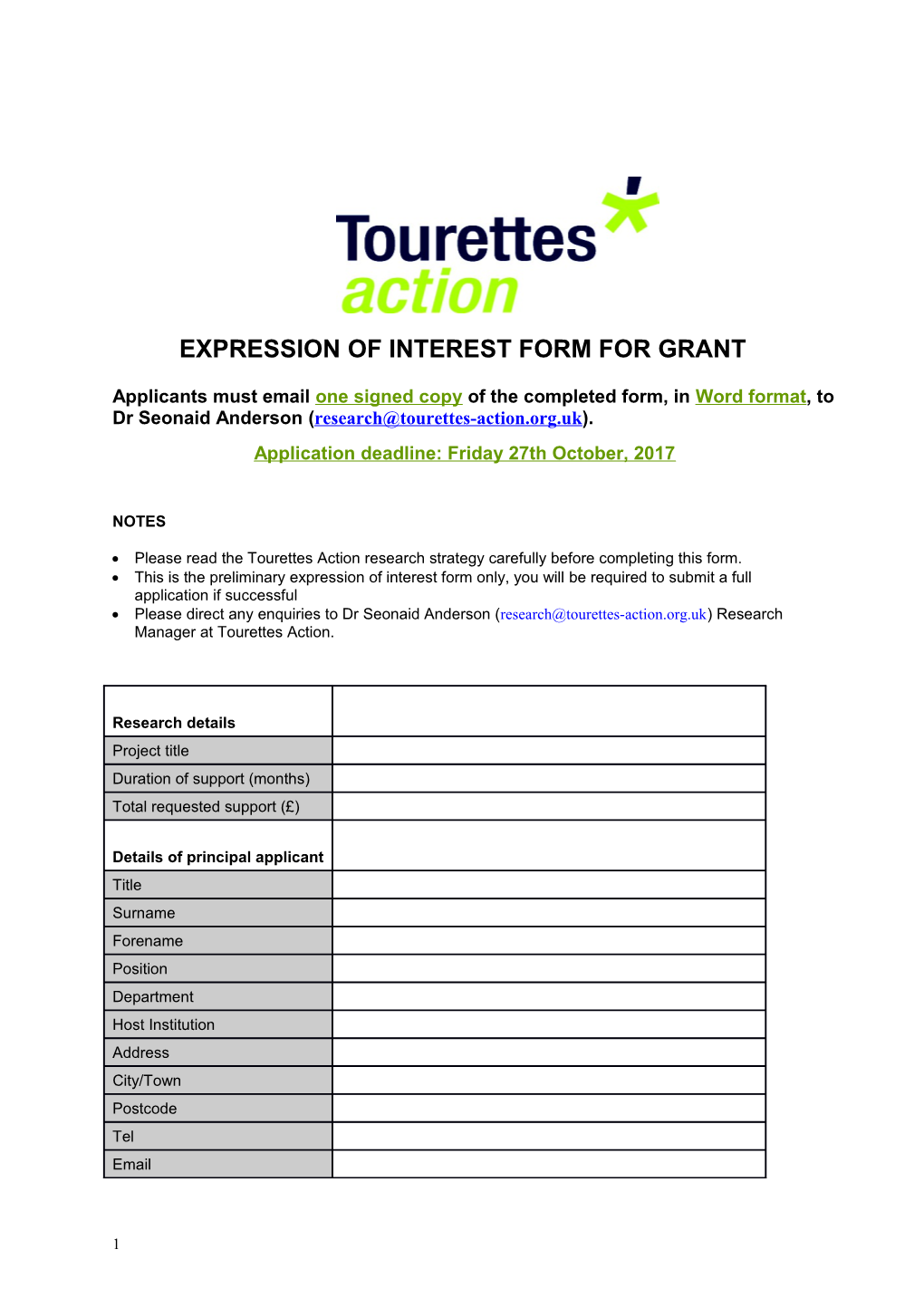 Expression of Interest Form for Grant