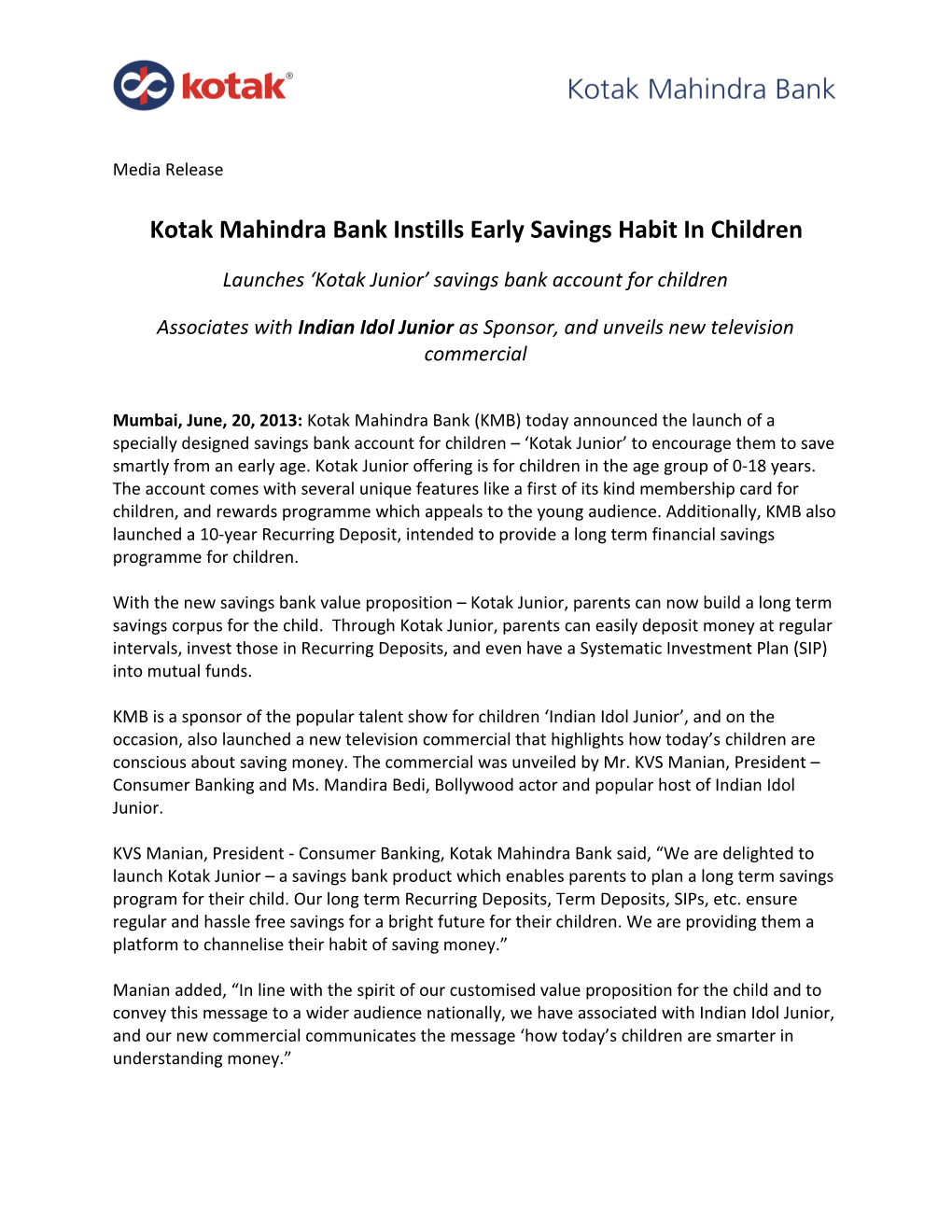 Kotak Mahindra Bank Instills Early Savings Habit in Children