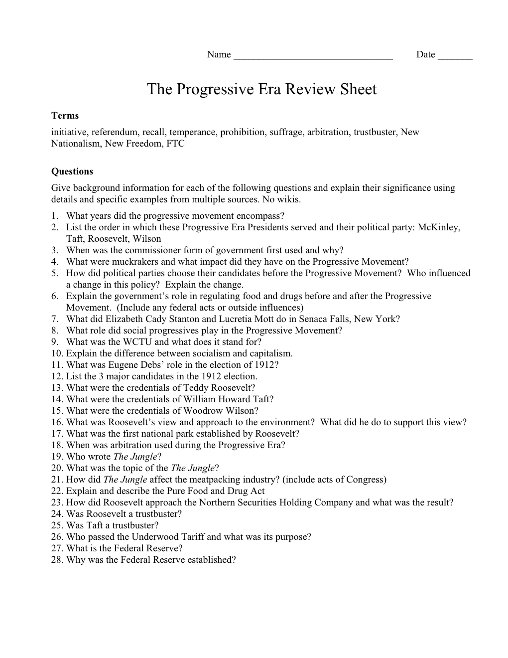 The Progressive Era Review Sheet