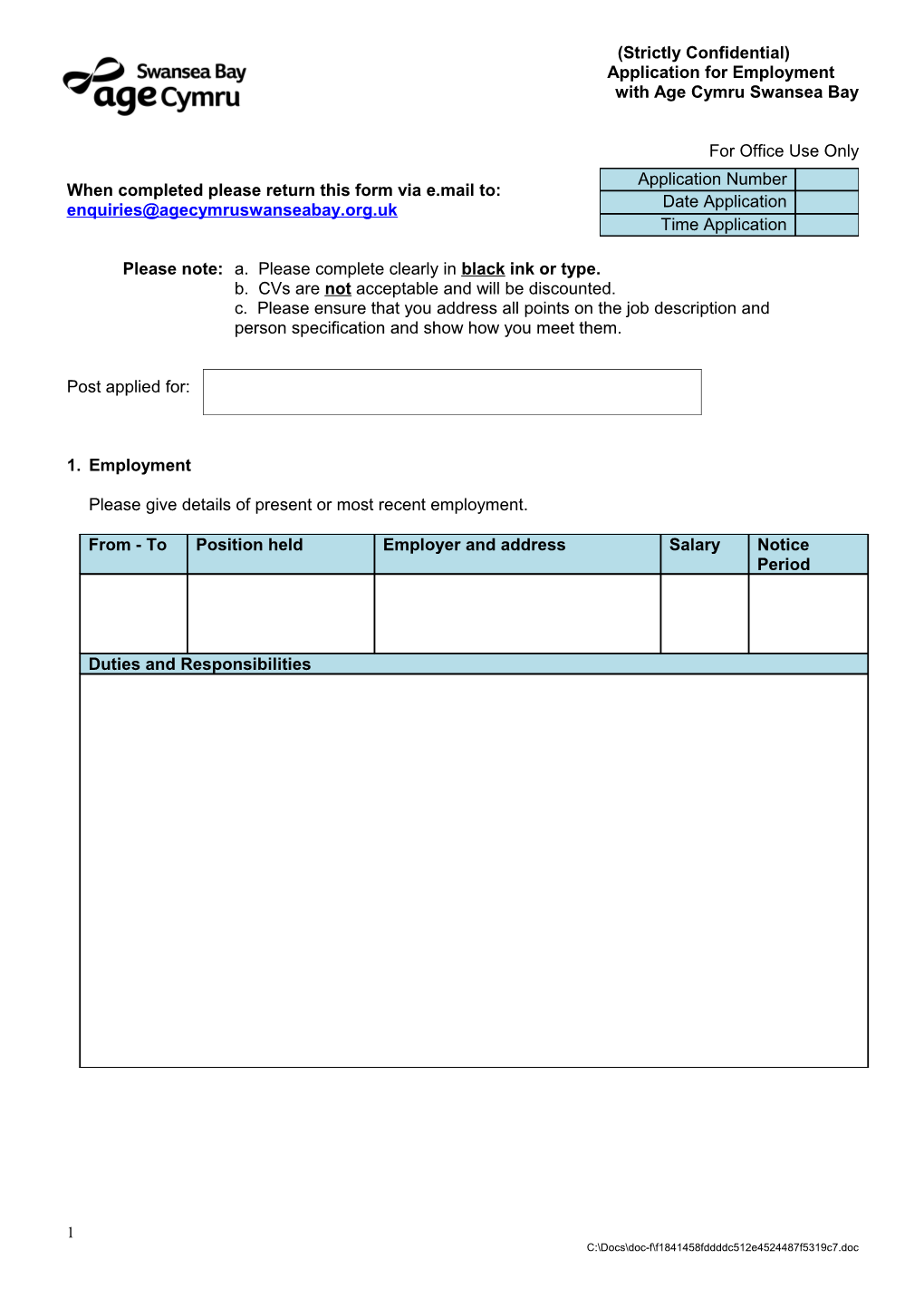 Application for Employment with Age Concern West Glamorgan