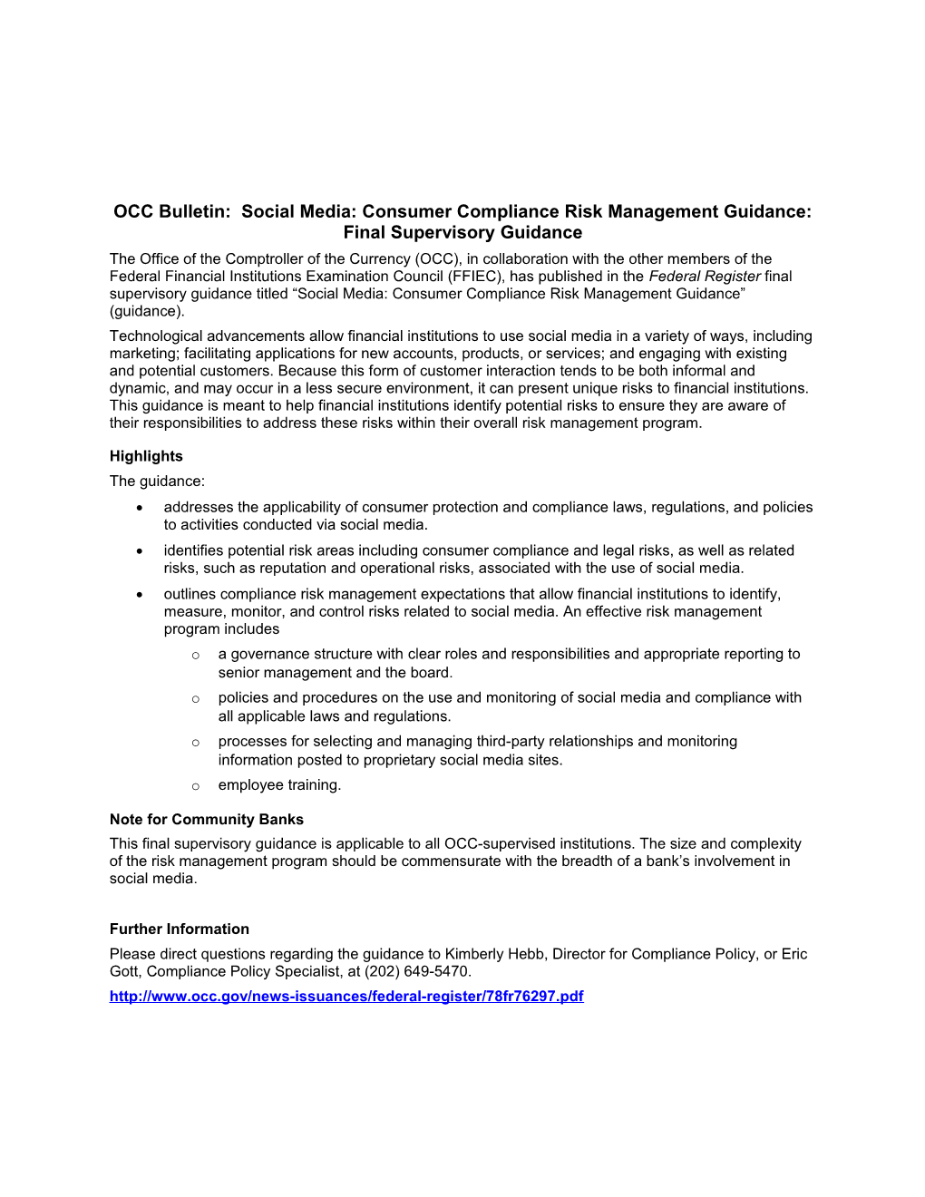 OCC Bulletin: Social Media: Consumer Compliance Risk Management Guidance: Final Supervisory