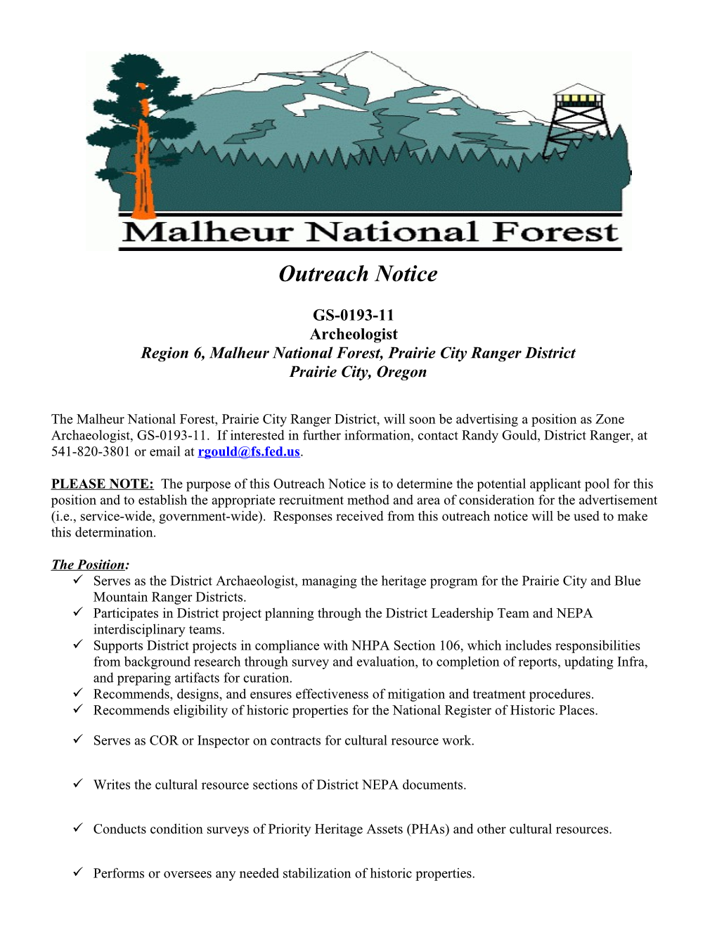 Region 6, Malheur National Forest, Prairie City Ranger District
