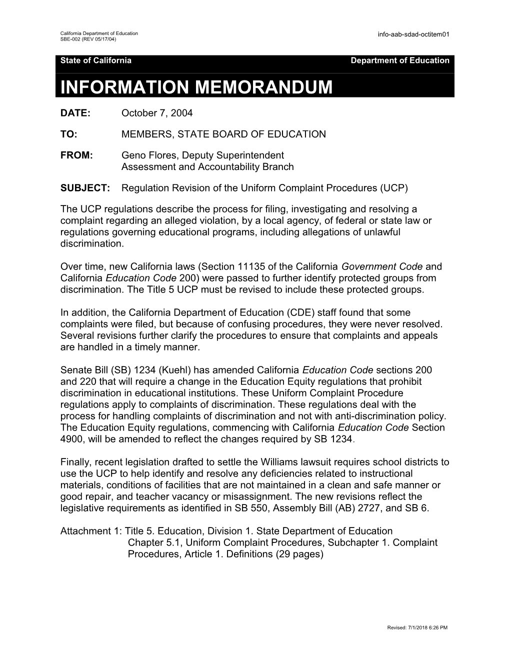 October 2004 SDAD Agenda Item 1 - Information Memorandum (CA State Board of Education)