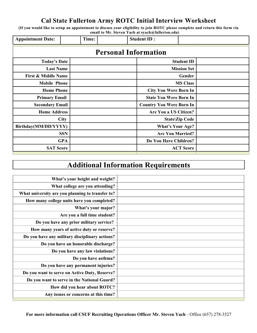 Cal State Fullerton Army ROTC Initial Interview Worksheet