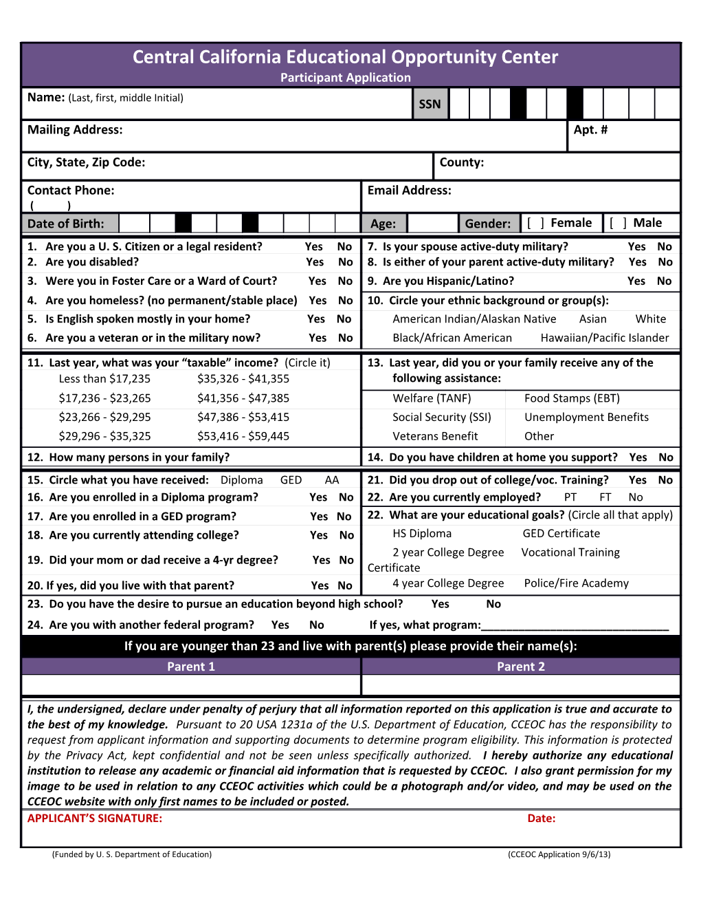 Funded by U. S. Department of Education) (CCEOC Application 9/6/13