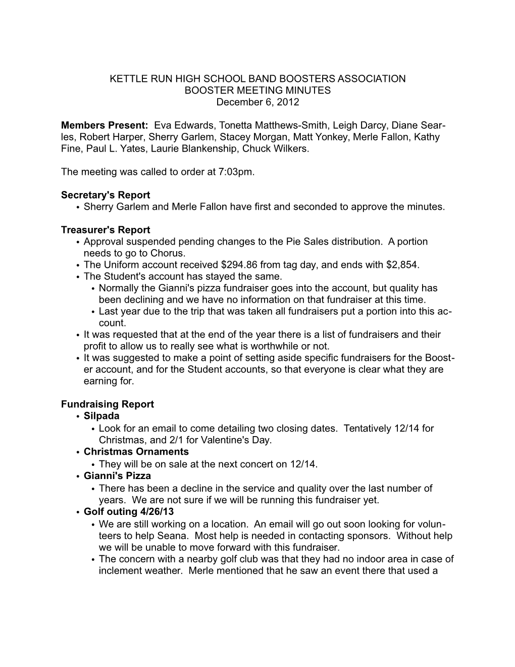 Booster Meeting Minutes 12/6/12