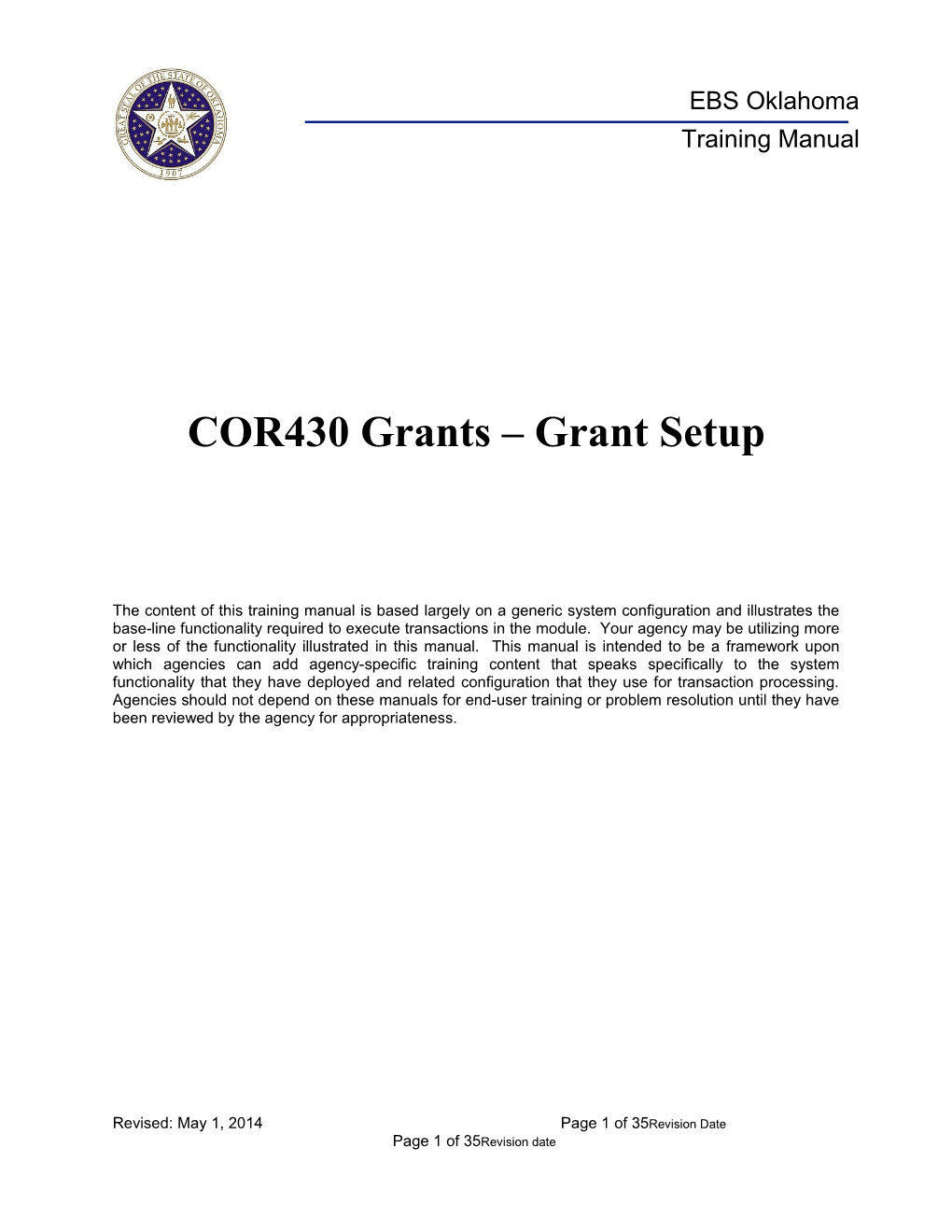 COR 430 Grants Setup Manual