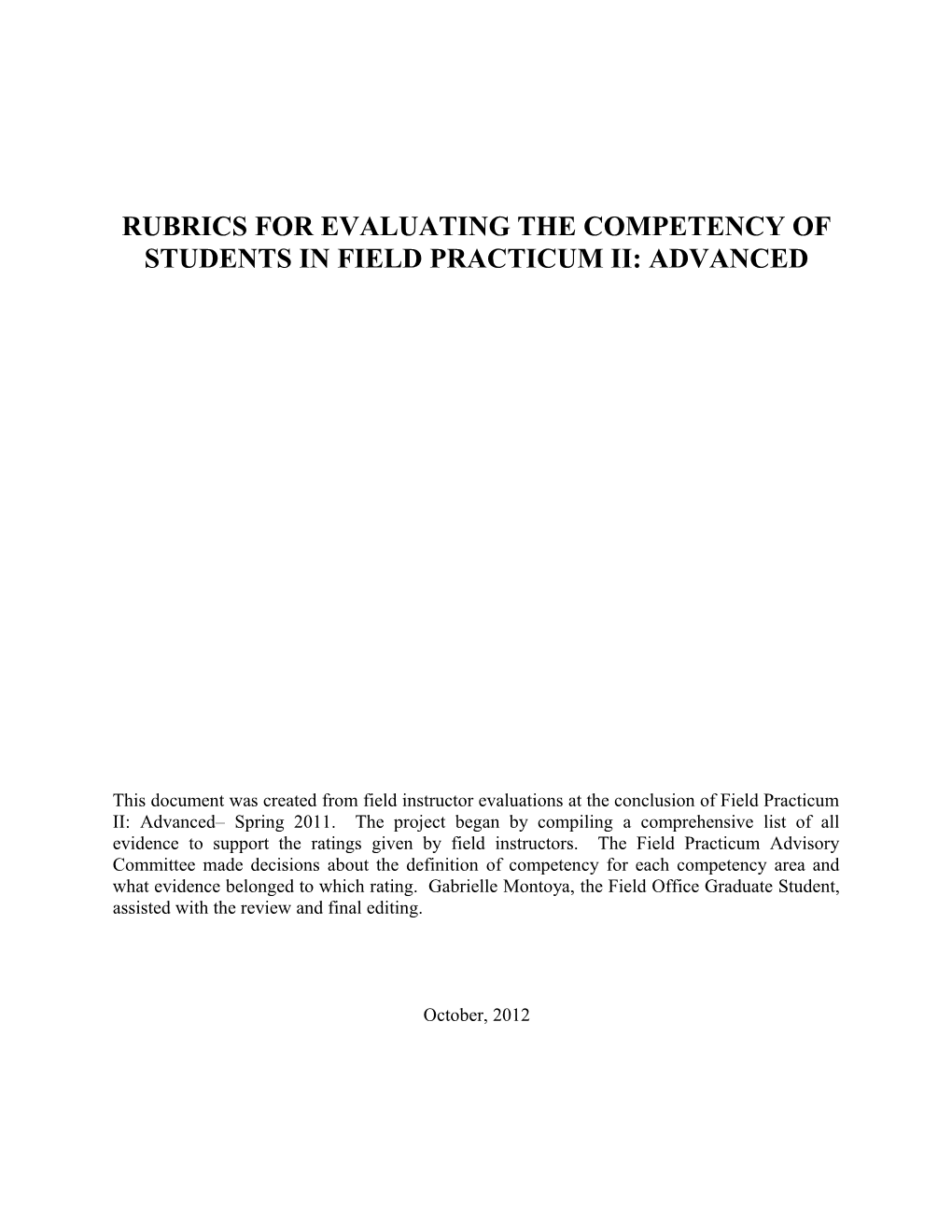 Rubrics for Evaluating the Competency of Students in Field Practicum Ii: Advanced