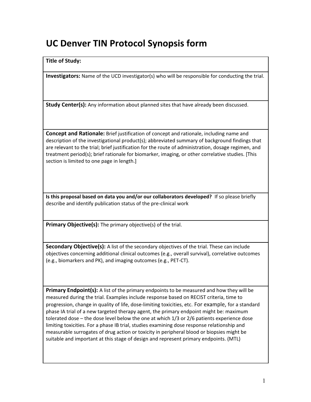 UC Denver TIN Protocol Synopsis Form