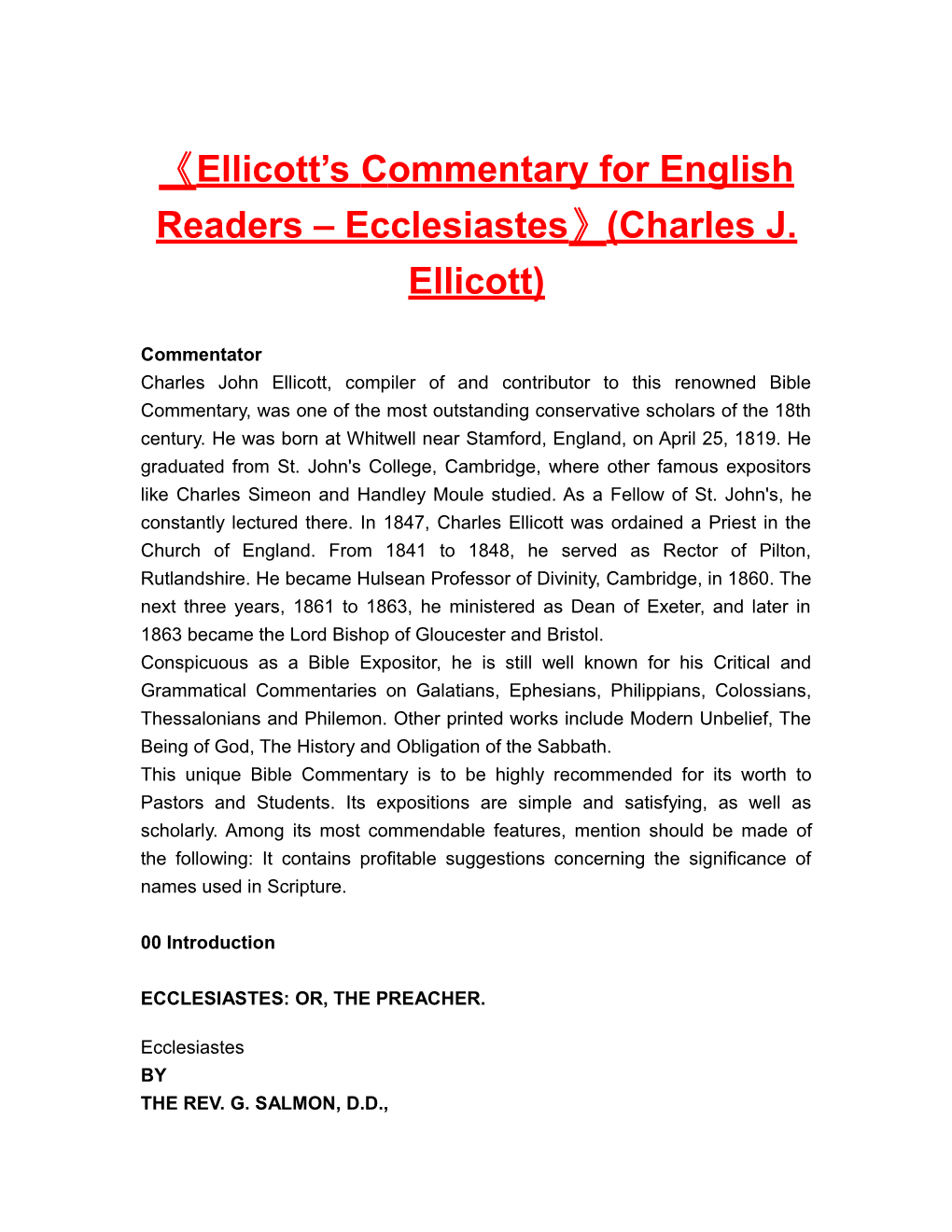 Ellicott Scommentary for English Readers Ecclesiastes (Charles J. Ellicott)