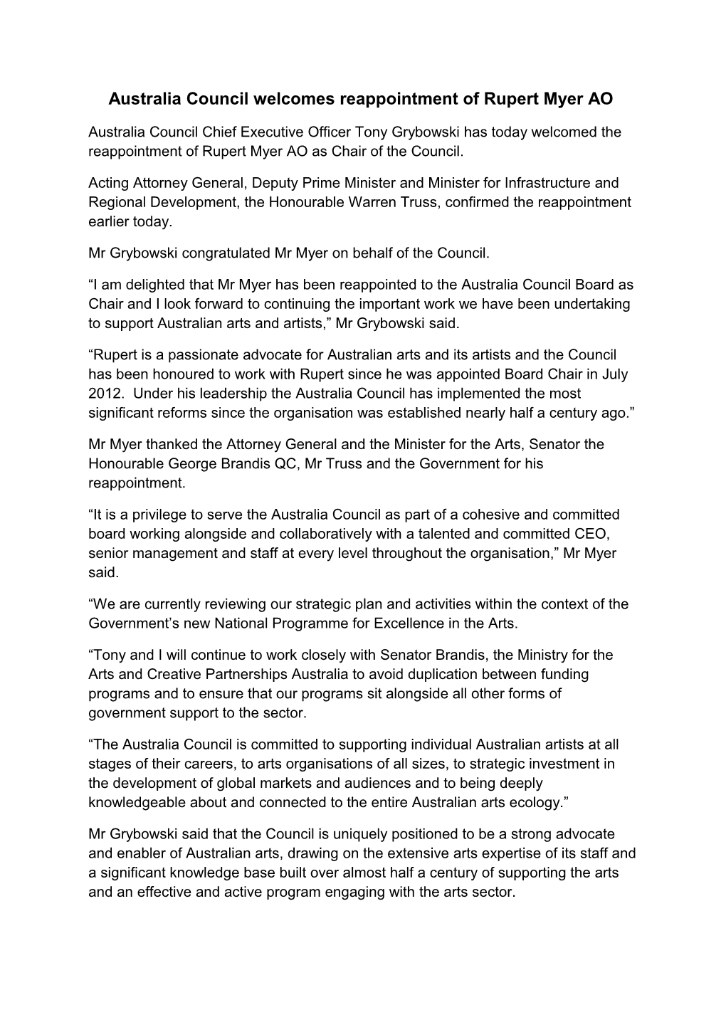 Australia Council Welcomes Reappointment of Rupert Myer AO